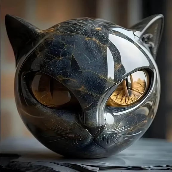 Black Cat Stone Sculpture, Hand-Carved Healing Crystal Figurine, Mini Home Decor & Gift Art PieceGold 