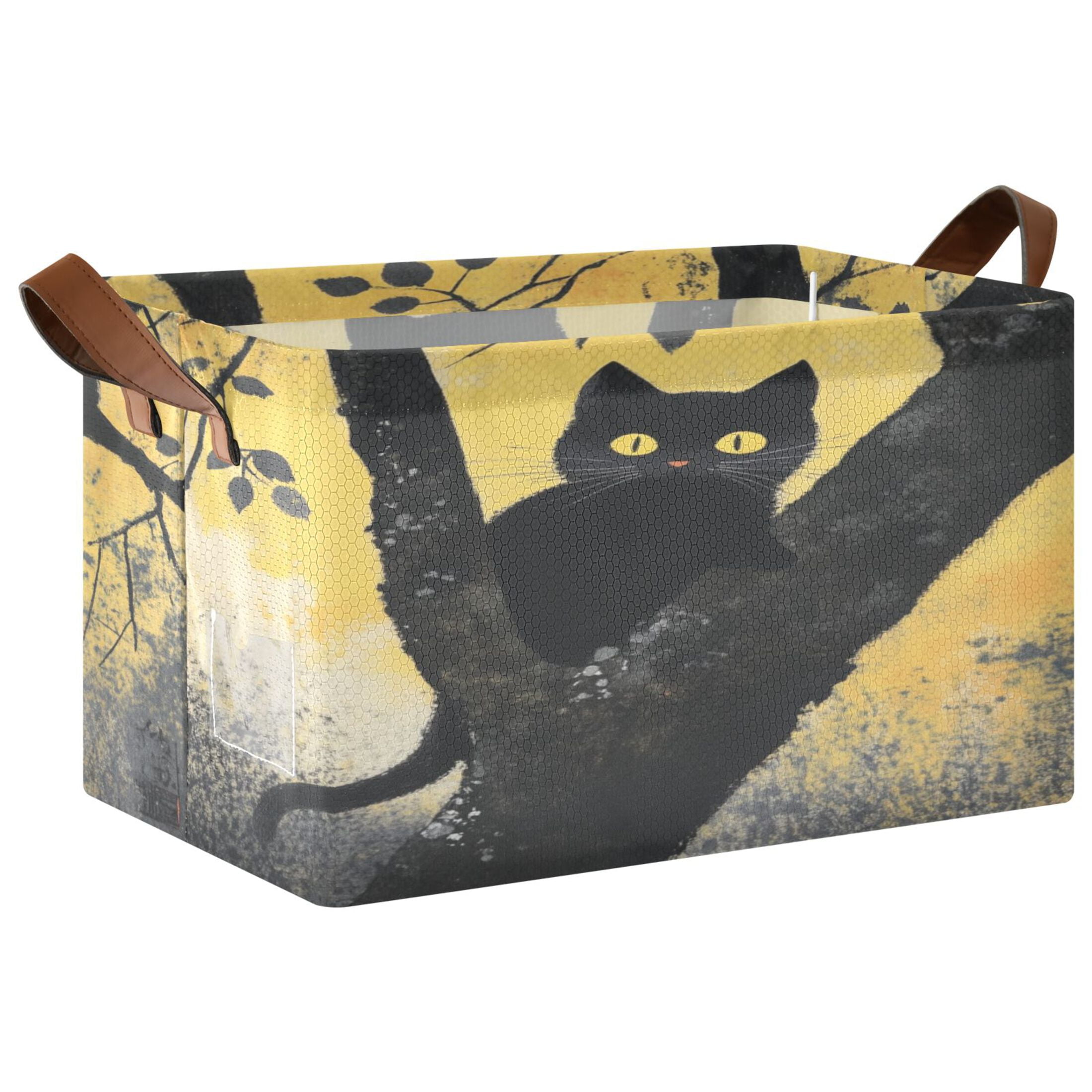Black Cat Storage Basket Soccer Plaid Fabric Hoard Box Oversized Collapsible Closet Organizer with Metal Iron Frame 16.9×11.4×10in