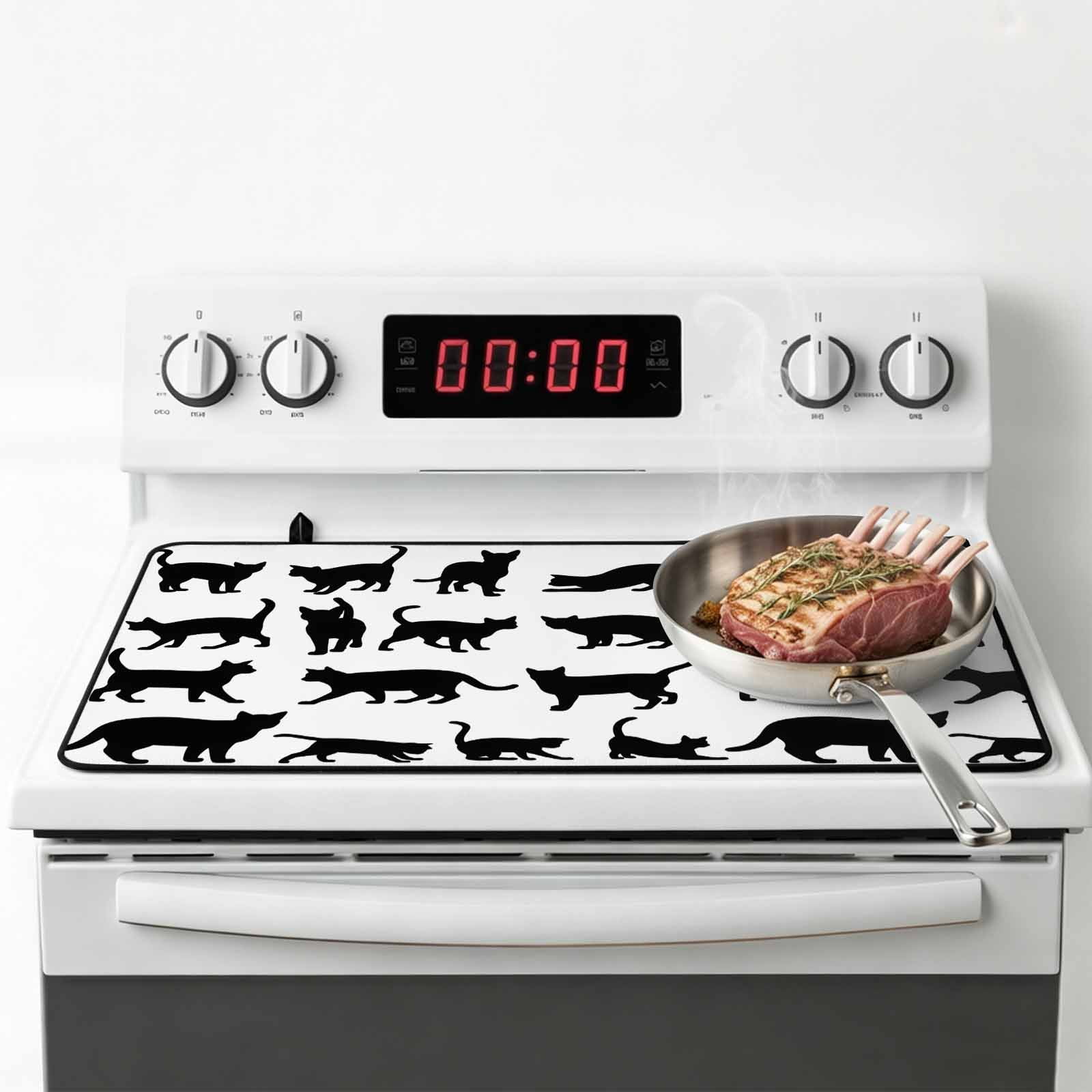 Black Cat Stove Top Cover for Electric Stove, Heat-proof & Non Slip Glass Top Stove Cover Protector, Modern Cartoon Animals Minimalist Kitchen Flat Cooktop Rubber Mat 24x21 Inches