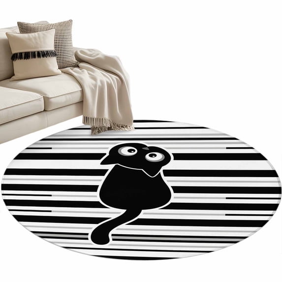 Black Cat Striped Round Rug 4ft Washable Circle Entryway Rugs Non Slip ...