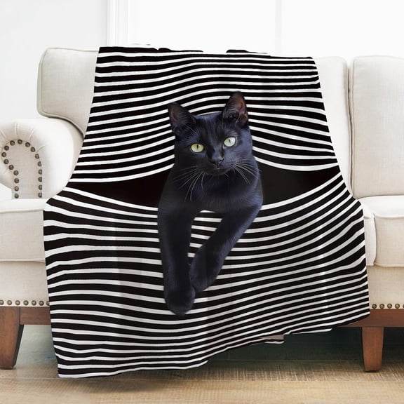 Black Cat Striped Throw Blanket