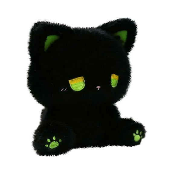 Black Cat Stuffed Animal, 8 In, Black, Lime Green Accents, Soft Fuzzy Fabric, Cuddling, Home Decor, Playtime, 1 Pc