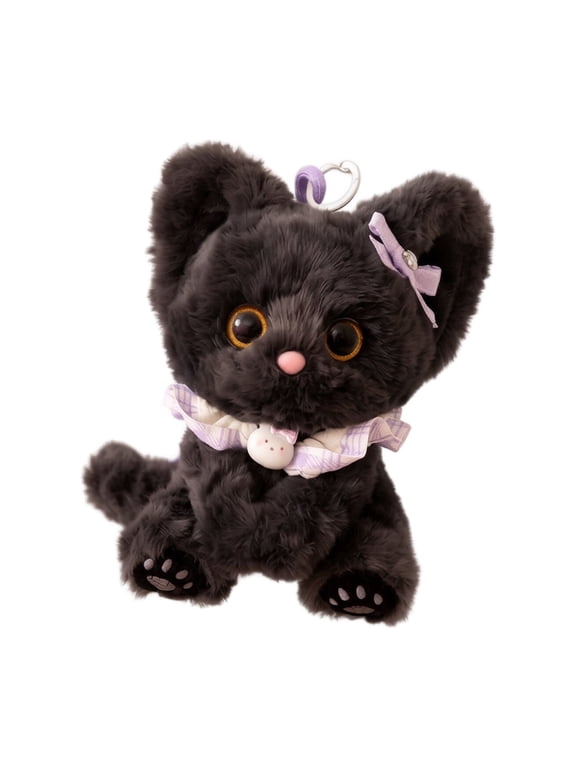 Black Cat Stuffed Animal Keychain with Purple Bow, Small Plush Kitty Toys for Backpacks and Purses
