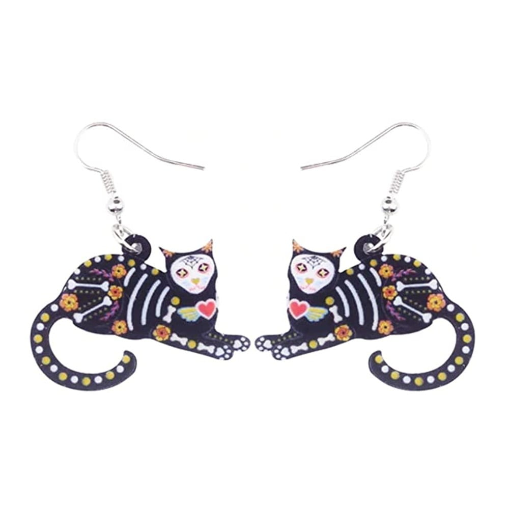 DAN'S COLLECTIBLE'S AND MORE Black Cat Sugar Skull Earring Earrings Acrylic Death Skeleton Women Bone Dia De Los Muertos Spooky Halloween Sabrina Binx Hocus Pocus Teenage Witch Horror Cute Lucifer Day of the Dead Goth Rose Flower