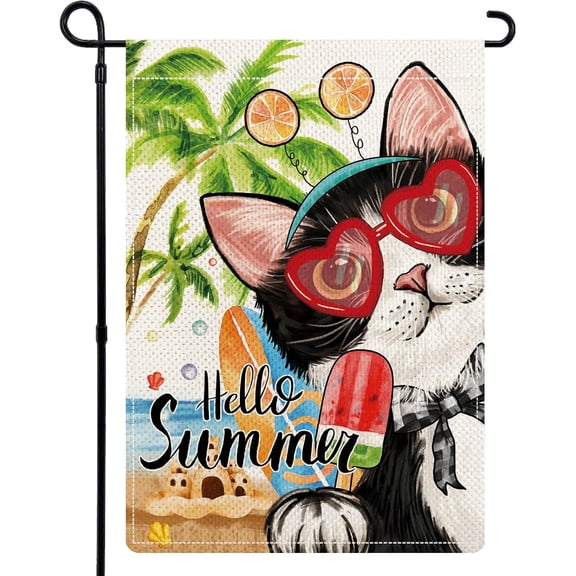 Black Cat Summer Garden Flags for Outside, Summer Cat Beach Coconut Tree Popsicle Outdoor Flags 12x18 Double Sided, Cute Kitten Seasonal Welcome Yard Flags for Porch Lawn Farmhouse Decor