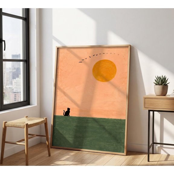Black Cat Sun Print , Mid Century Modern Landscape, Boho Sunrise Wall Art, Japandi Nature Poster, Peach Sunset, Cat Lover Gift , Poster Print Only