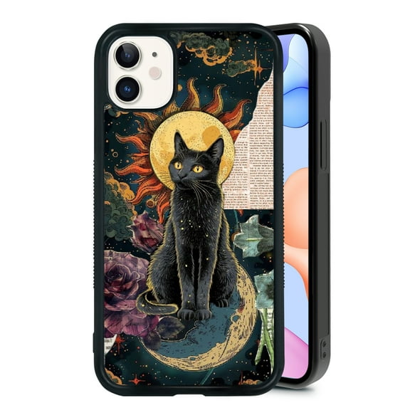 Black Cat Sun for iPhone 12 Mini Case, Cute Aesthetic God Art Shock-Absorbent Protective,Black