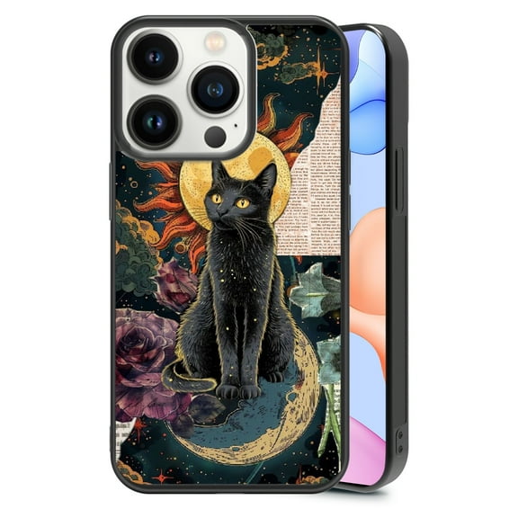 Black Cat Sun for iPhone 14 Pro Case, Cute Aesthetic God Art Shock-Absorbent Protective,Black