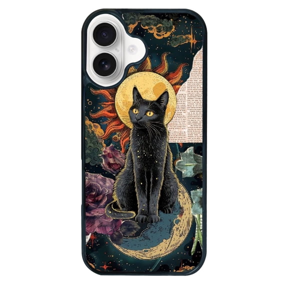Black Cat Sun for iPhone 16 Case, Cute Aesthetic God Art Shock-Absorbent Protective,Black