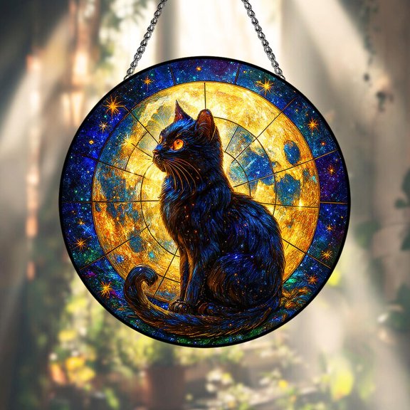 Black Cat Suncatcher - Moon & Stars, Celestial Window Decor