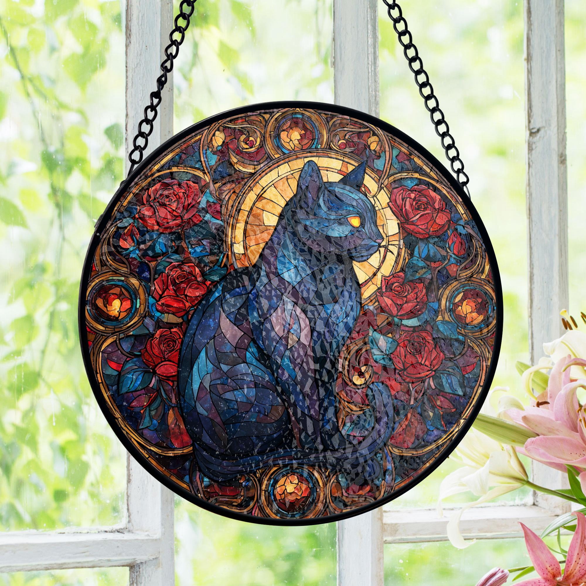 Black Cat Suncatcher Stained Glass Elegant Feline Gothic Floral Window ...