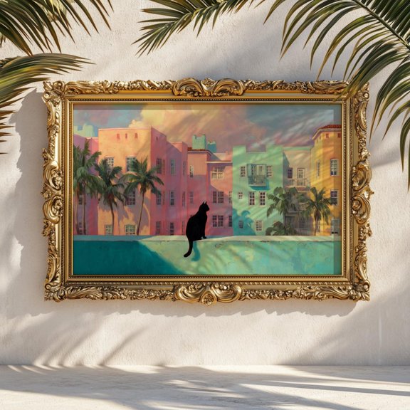 Black Cat Sunset Art Print Retro Miami Vice Coastal Decor, Unframed Paper Print