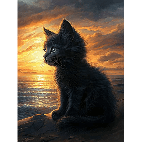 Black Cat on Sunset Seascape Decorative Painting/Canvas Art Perfect for Living Room Bedroom Office Dining Room Kitchen Study Room Hallway and Entryway Decoration.