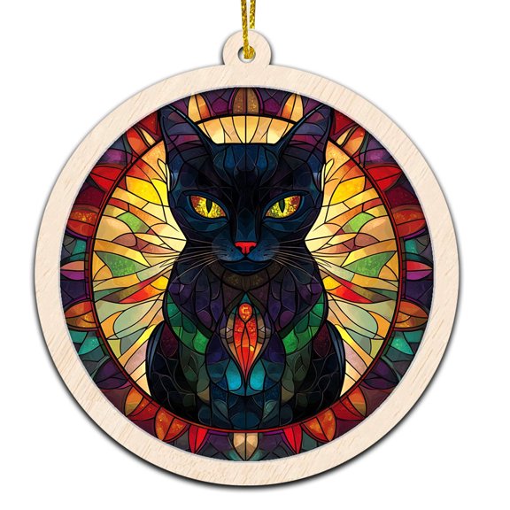Black Cat Sunset Stained Glass Suncatcher Ornament  Holiday Ornament with Text for Loved Ones, Family & Friends, Christmas 2025 Decoration