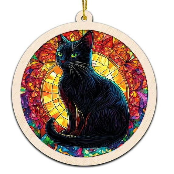 Black Cat Sunset Stained Glass Suncatcher Ornament – Ornament Gift for Family, Friends, Men & Women, Christmas 2025 Keepsake