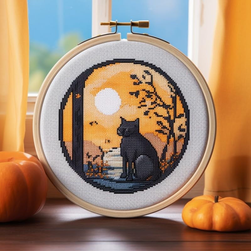 Counted Easy Cross Stitch Kit - Pumpkin Halloween Stamped Embroidery Kit With 12 Inch Hoop For Beginners