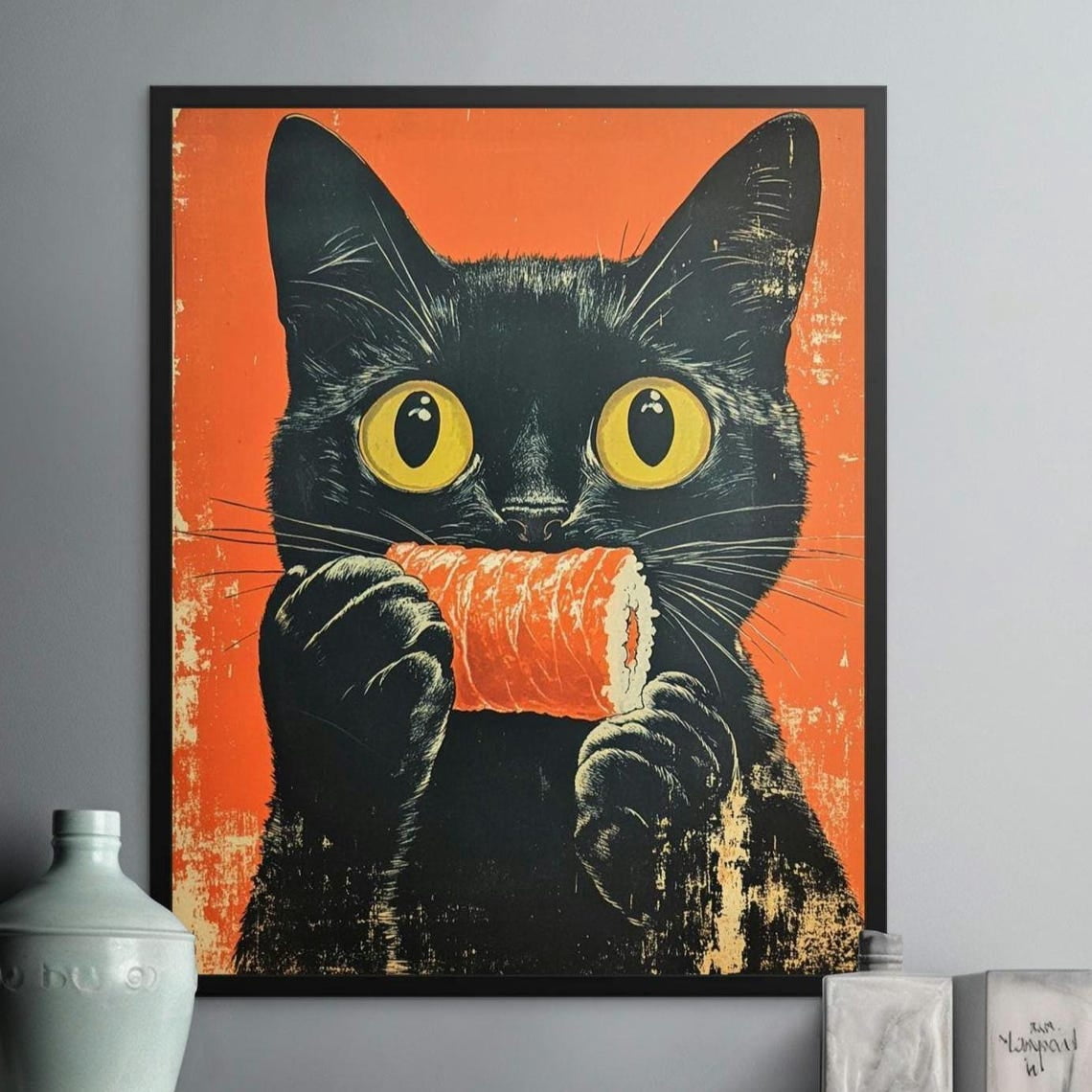 Black Cat Sushi Print Whimsical Pet Wall Art Oriental Style Kitchen ...