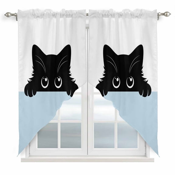 Black Cat Swag Valances for Windows 63 inches Long, Cute Cat Cartoon Animal with Big Eye Blue White Swag Curtains Privacy Light Filtering Curtain Tiers for Kitchen Bathroom 36" W x 63" L, 2 Panels