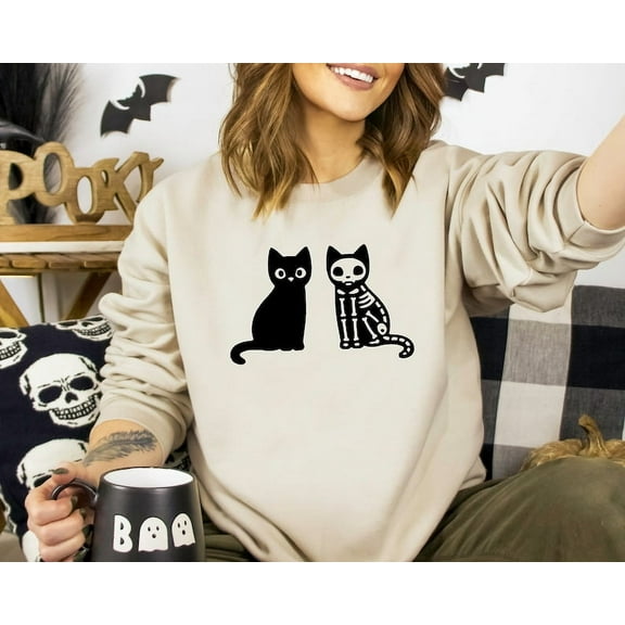 Black Cat Sweatshirt, Halloween Cats Sweatshirt, Spooky Season Sweatshirt, Cat Skeleton Sweatshirt, Halloween Sweatshirt, Spooky Season Sweatshirt, Halloween Gift