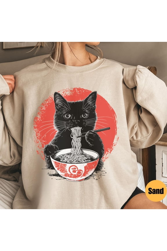 Black Cat T-Shirt, Cat Lover Gift, Ramen Kawaii T-Shirt, Alt Clothing, Anime Cat, Japanese
