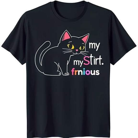 Black Cat T-Shirt with Pink Ears & Yellow Eyes Cute Line Drawing Tee