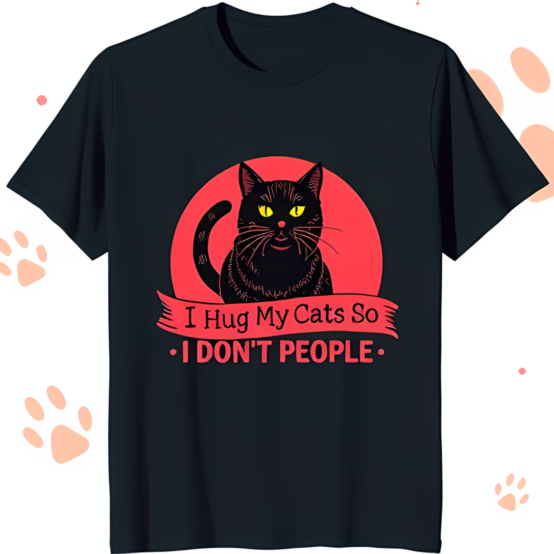 Black Cat TShirt with Yellow Eyes 'I Hug My Cats So I Don't People