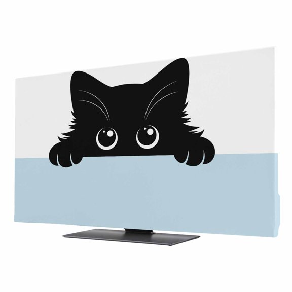 Black Cat TV Dust Cover 24 Inch, Cute Cat Cartoon Animal with Big Eye Blue White Computer Monitor Cover Dustproof Stretchable Indoor TV Screen Protector for LED LCD Universal Monitors