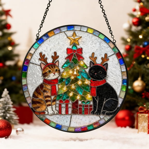 Black Cat Tabby Cat Couple Stained Glass Suncatcher Christmas Tree Window Hanging Ornament