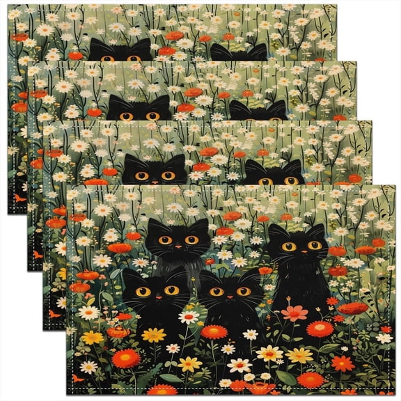 Black Cat Table Place Mats,Japan Art Japanese Fujiyama Theme Placemats Set of 4,Kids Boys Girls,Retro Black Cat Placemat for Kitchen Dining Table Decor Indoor Outdoor,Funny Cat