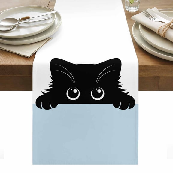 Black Cat Table Runner 13 x 70 Inch, Cute Cat Cartoon Animal with Big Eye Blue White Washable Cotton Linen Dining Table Runner Tabletop Decorations for Restaurant Home Kitchen Party