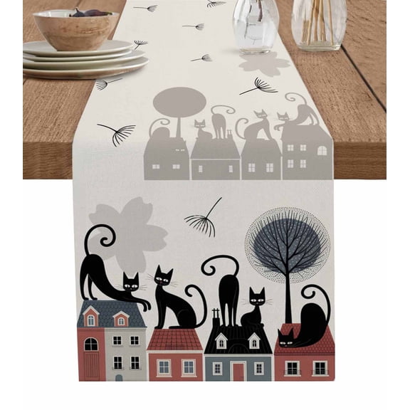 Black Cat Table Runner 70 Inches, Cartoon Modern Art Bed Runner Dresser Scarves Tabletop for Indoor Outdoor Parties/Ceremony/Banquet, 13" x 70"
