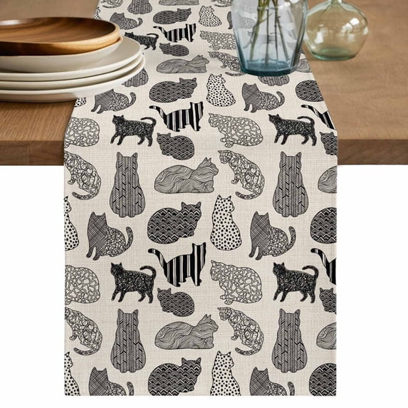 Black Cat Table Runner 72 Inches, Rustic Striped Geometric Abstract Bed Runner Dresser Scarves Tabletop for Indoor Outdoor Parties/Ceremony/Banquet, 16" x 72"
