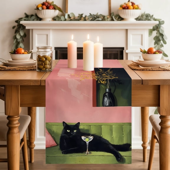 Black Cat Table Runner, Boho Chic Lack Animal Cocktail Party Green Sofa Washable Cotton-linen Table Runners Dining Kitchen Decoration for Everyday Home Wedding Party Decor, 13 x 36 Inch