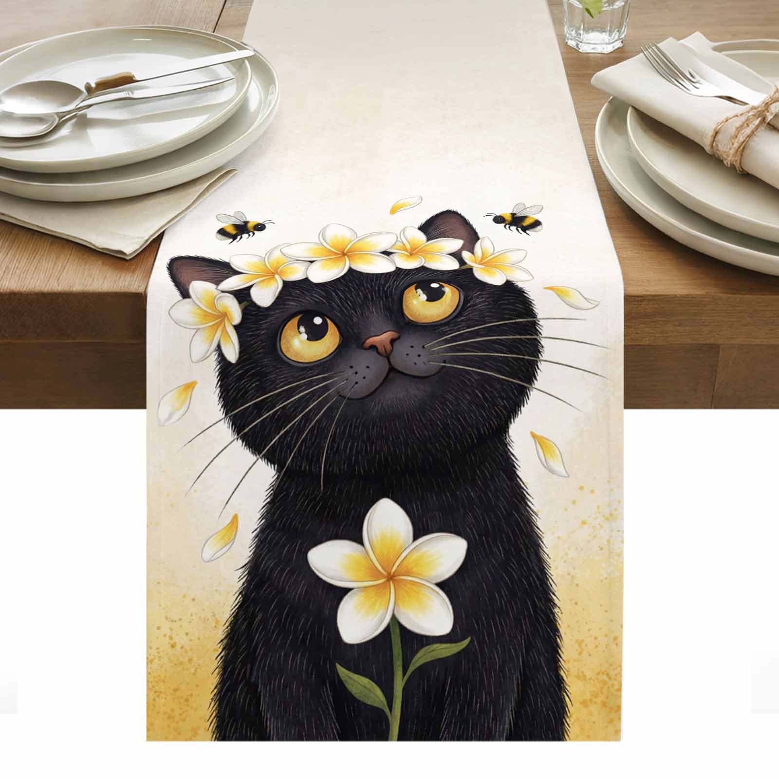 Black Cat Table Runner Cute Animals Bees Botanical Flowers Ombre Yellow ...