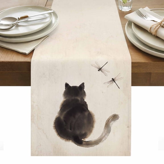 Black Cat Table Runner Modern Art Ink Painting Dragonflies Rustic Tablerunners 13 x 36 Inch, Table Decorations Tabletop Scarf for Summer Gathering Holiday Farmhouse Kitchen Dining Decor