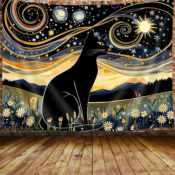 Black Cat Tapestry Aesthetic, Cool Funny Cat Starry Night Abstract Art Design Tapestry Wall Hanging for Bedroom, Sun Moon Flowers Tapestries Poster Blanket College Dorm Home Decor 60X40Inches