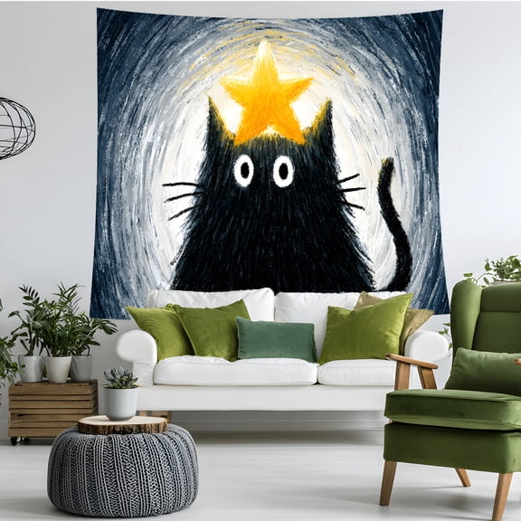 Black Cat Tapestry Wall Hanging, Wide Eyed Cartoon Kitty with Yellow Star, Whimsical Wall Art for Bedroom Dorm Playroom Decor