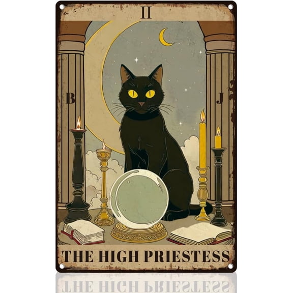 Black Cat Tarot Tin Sign Retro Metal Wall Decor 8" x 12" Vintage Cat Tarot Card The High Priestess Wall Art Poster for Home Cafes Game Room Bar Outdoor Garage Yard Gym Man Cave Decor Gift