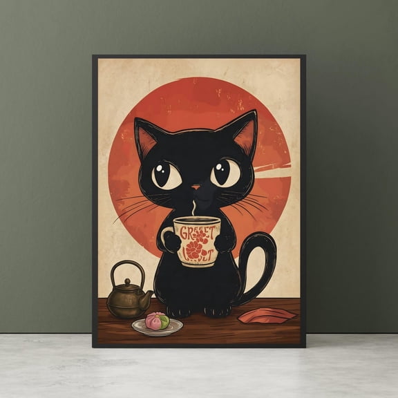 Black Cat Tea Time Art Print, Japanese Zen Garden, Kawaii Poster, Poster Only