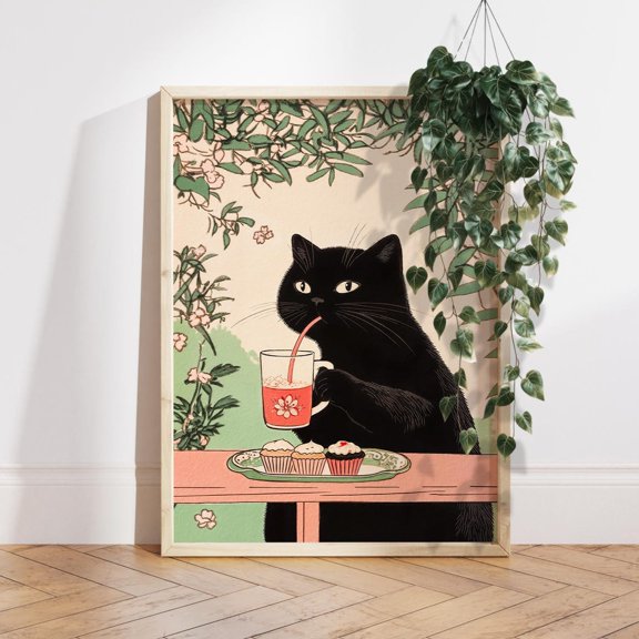 Black Cat Tea Time Japanese Kitchen Wall Art