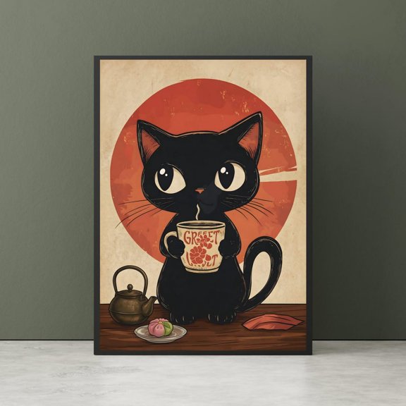Black Cat Tea Time Japanese Zen Garden Kawaii Wall Decor Unframed Paper Print