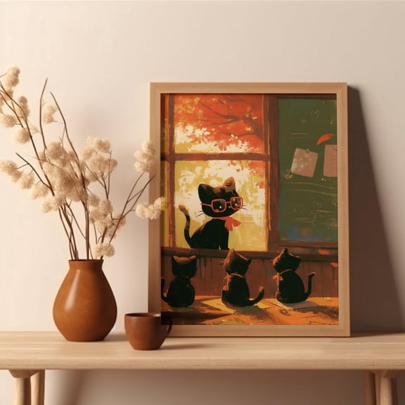 Black Cat Teaching Kittens Art Handpainted Classroom Cat Art Cozy Teacher Poster Cute Teacher Gift Back To School Gift Black Kitten Art