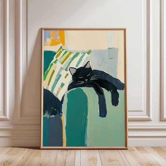 Black Cat Teal Couch Modern Interior Poster Unframed Paper Print