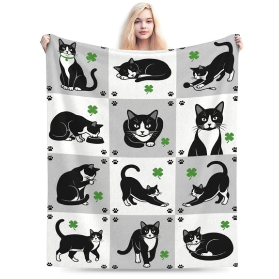 Black Cat Throw Blanket, Cat Lover Gifts for Women Men, Black and White Cats Theme, Flannel Fleece Blanket, Cats Mom Dad Present 80x60