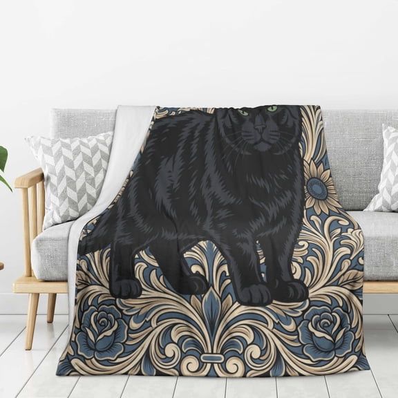 Black Cat Throw Blanket, Flannel Fleece Bedding | Cute Floral Cat Gifts for Adults & Lovers, Cozy Decor Stuff for Couch Sofa Bed 50x40