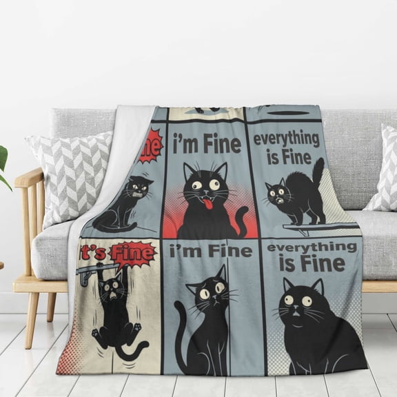 Black Cat Throw Blanket,Im Fine Everything is Fine - Black Cat Blanket Funny Coworker Favors Throw, Cute Cat Themed Gifts for Women Men 80x60