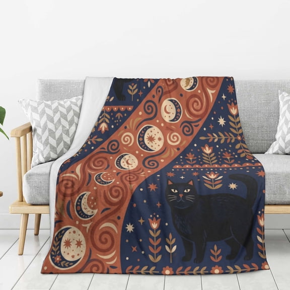 Black Cat Throw Blanket Retro Hippie Starry Night Design, Beautiful Apartment Bed Foot 50x40