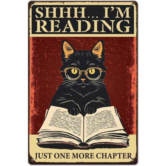 Black Cat Tin Sign Cat Reading Signs Cats Metal Tin Signs Retro Reading Quotes Metal Wall Art Bar Sign Funny Wall Plaque for Bedroom Living Room Library Man Cave Decor