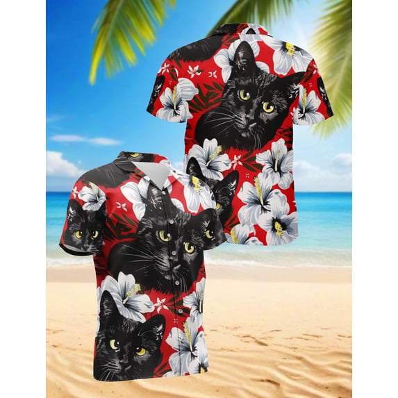 Black Cat Tropical Floral Hawaiian Shirt for Men, Button Down Summer Beach Short Sleeve, Cat Lover Gifts, S-5XL