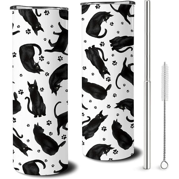 Black Cat Tumbler With Lid and Straw Stainless Steel 20oz Cat Skinny Tumbler Insulated Black Cat Cup Water Bottle Coffee Mug Travel Tumbler Cat Lover Gifts for Women